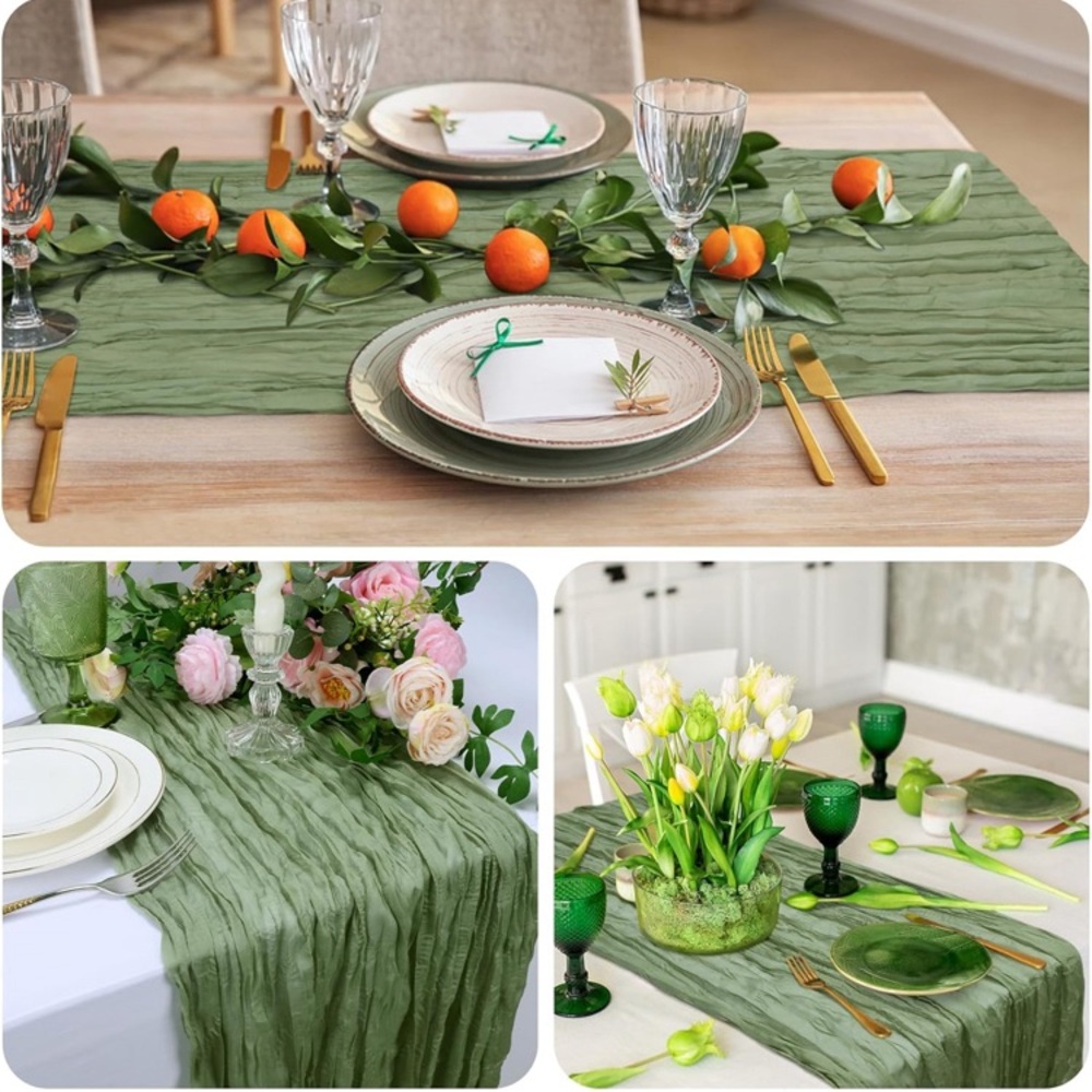Sage green cheesecloth table runners, set of 3
